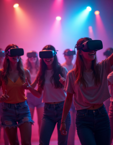 A group of friends wearing VR headsets, dancing exuberantly in a virtual club, their movements mirrored by their avatars in a neon-lit, fantastical world