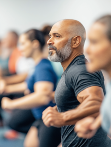 A group of individuals participating in a group fitness class, showcasing community and motivation in fitness