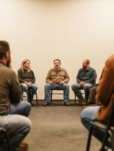 A group of individuals sitting in a circle during an alcohol support group session, representing community and support in recovery