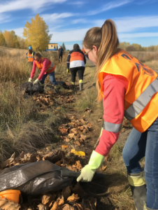 A group of volunteers participating in a community clean-up event, showcasing active citizenship and community spirit