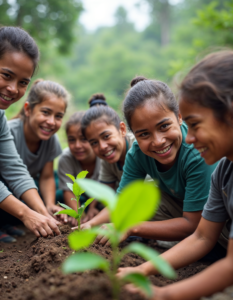 A group of volunteers planting trees in a deforested area, their faces beaming with hope and determination