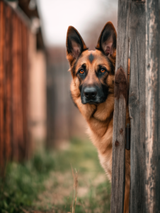 A guard dog standing alert next to a fence or gate, symbolizing physical protection and security