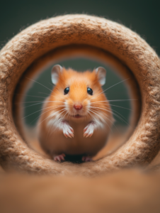 A hamster in a wheel where the bars are made of soft pillows, symbolizing the balance between play and rest in a pet’s life