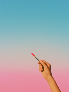 A hand applying lipstick that turns into a vibrant paintbrush, symbolizing the artistic freedom beauty products offer