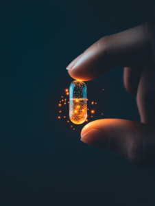 A hand holding a glowing pill, with the reflection of cells in the light, symbolizing the powerful effects of medicine at the cellular level