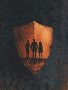 A hand holding a protective shield in front of a family, symbolizing personal and family protection