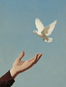 A hand releasing a dove into the sky, representing faith in peace, hope, and new beginnings