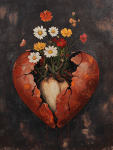 A heart cracked open with flowers growing inside, symbolizing healing from emotional pain