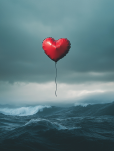 A heart-shaped balloon floating high above a stormy sea, symbolizing hope and optimism amid emotional turmoil