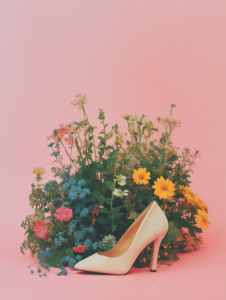 A high heel stepping onto a stage of blooming flowers, representing the elegance and grace fashion can bring to life’s stages