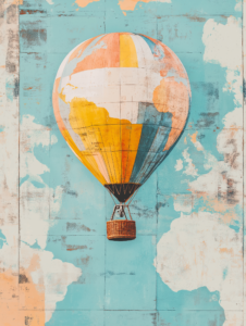 A hot air balloon floating over a map where each continent is a vibrant color, symbolizing the discovery of new travel experiences