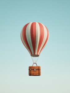 A hot air balloon where the basket is shaped like a suitcase, symbolizing travel lifting you to new destinations