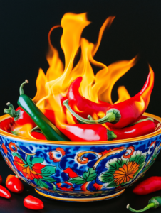 A hot pepper bursting into flames, symbolizing the intense heat and spice in certain dishes