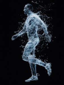 A human figure made of flowing water, symbolizing hydration as the foundation of a healthy body