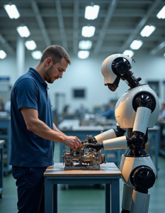 A human worker and a collaborative robot (cobot) working side-by-side in a factory, assembling a complex piece of machinery