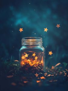 A jar filled with glowing stars, symbolizing bottled-up joy and positive emotions waiting to be released