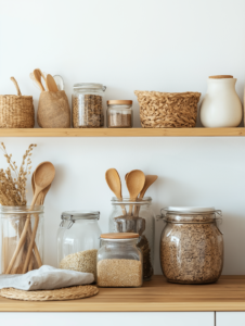 A kitchen filled with reusable alternatives like beeswax wraps, glass jars, and bamboo utensils, illustrating the zero-waste approach to everyday living