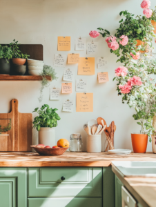 A kitchen space with sticky notes on the fridge or counter featuring uplifting quotes, encouraging family members to practice positive thinking