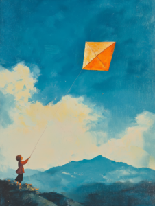 A kite soaring high with a joyful person holding the string, representing freedom and the simple pleasures of life