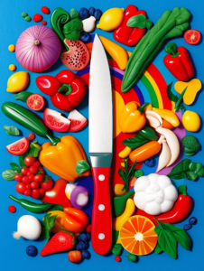 A knife cutting through a rainbow, symbolizing the colorful variety of fruits, vegetables, and ingredients in culinary creations