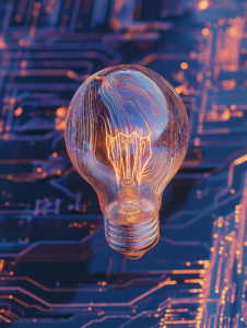 A lightbulb floating above a circuit board, symbolizing the spark of innovation within the digital world