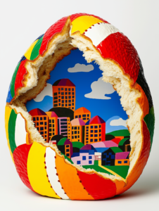 A loaf of bread breaking apart to reveal a cityscape inside, symbolizing food as the foundation of community and culture