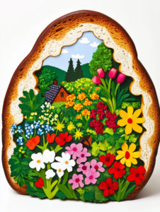 A loaf of bread breaking apart to reveal a hidden garden, symbolizing the life-sustaining role of food