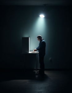 A lone voter casting their ballot in a voting booth, illuminated by a single light, symbolizing the power of individual choice