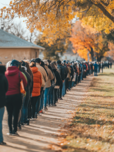 A long line of people waiting to vote in the early morning, representing voter commitment, early voting, or the struggle for representation