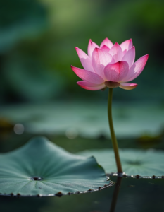 A lotus flower blooming in a serene pond, symbolizing inner peace and tranquility