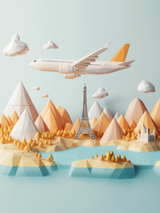 A low-poly airplane flying over geometric mountains and oceans, with different landmarks