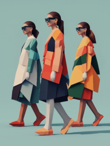 A low-poly runway show with models wearing geometric clothing, each designed with sharp edges and angular features