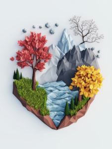 A low-poly scene divided into four sections, each representing a season