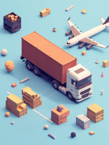 A low-poly truck, cargo containers, and geometric airplanes, representing global logistics and shipping