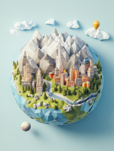 A low-poly world globe with geometric planes, landmarks, and tourist destinations, emphasizing adventure and exploration