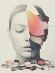 A makeup palette morphing into a painter’s palette, symbolizing the artistic nature of creating beauty