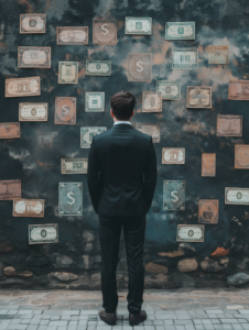 A man standing in front of a wall made of different currency symbols, representing global business and financial choices