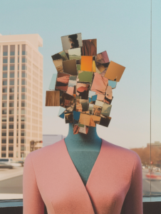 A mannequin made of mirrors, reflecting different outfits, symbolizing how fashion reflects and shapes identity