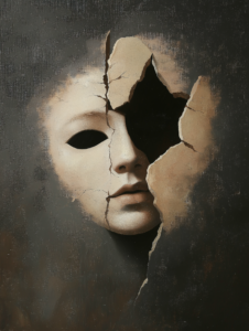 A mask breaking in front of a mirror, revealing the true face beneath, symbolizing authenticity