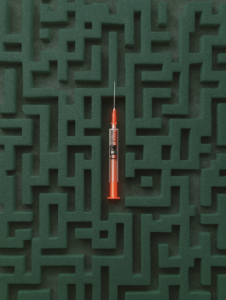 A maze with a syringe at the center, symbolizing the complexity of medical diagnosis and the path to treatment