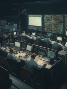 A mission control room full of scientists and engineers, guiding a space mission from Earth