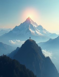 A mountain peak reaching towards the sky, symbolizing the pursuit of inner peace