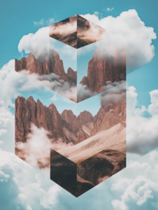 A mountain range covered in clouds that, instead of forming random shapes, appear in perfect square or triangular blocks floating just above the peaks