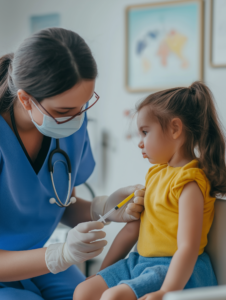 A nurse administering a vaccine to a young child, highlighting childhood vaccination programs