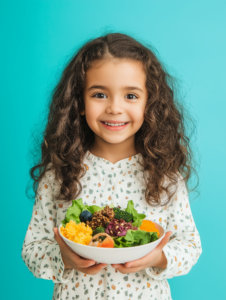 A nutritionist educating children about healthy snacks and meals, focusing on childhood obesity prevention