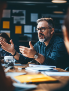 A one-on-one meeting between a manager and employee, with feedback forms or reports in hand, emphasizing accountability in workplace performance and development