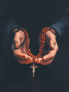 A pair of hands holding a rosary, with the beads glowing softly, symbolizing the comfort and power of prayer