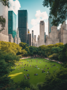 A park in an urban setting with people enjoying nature, emphasizing the importance of green spaces in cities