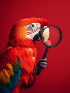 A parrot holding a magnifying glass in its beak, symbolizing the curiosity and intelligence that pets exhibit