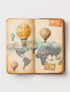 A passport with stamps that turn into hot air balloons, symbolizing the excitement and freedom of exploring new places